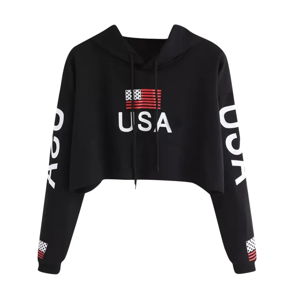 Американский флаг США с буквенным принтом Толстовка Женская Осенняя Harajuku Повседневная короткий Свитшот белый шнурок пуловер с капюшоном Топ# Y3 - Цвет: Black