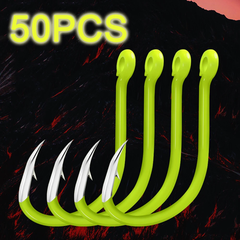 50pcs Fluorescent Fishing Hooks Barbed Single Circle Carp Hook