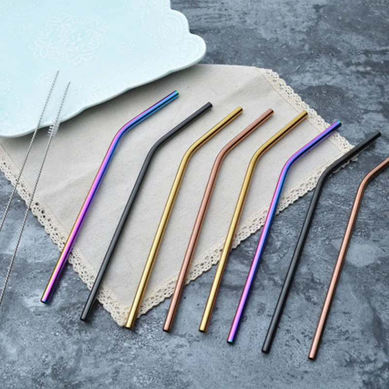 

High Quality Rose Gold Straw 304 Stainless Steel Straws Reusable Bent Metal Fruit Juice Drinking Straw With Cleaner Brush 2Pcs
