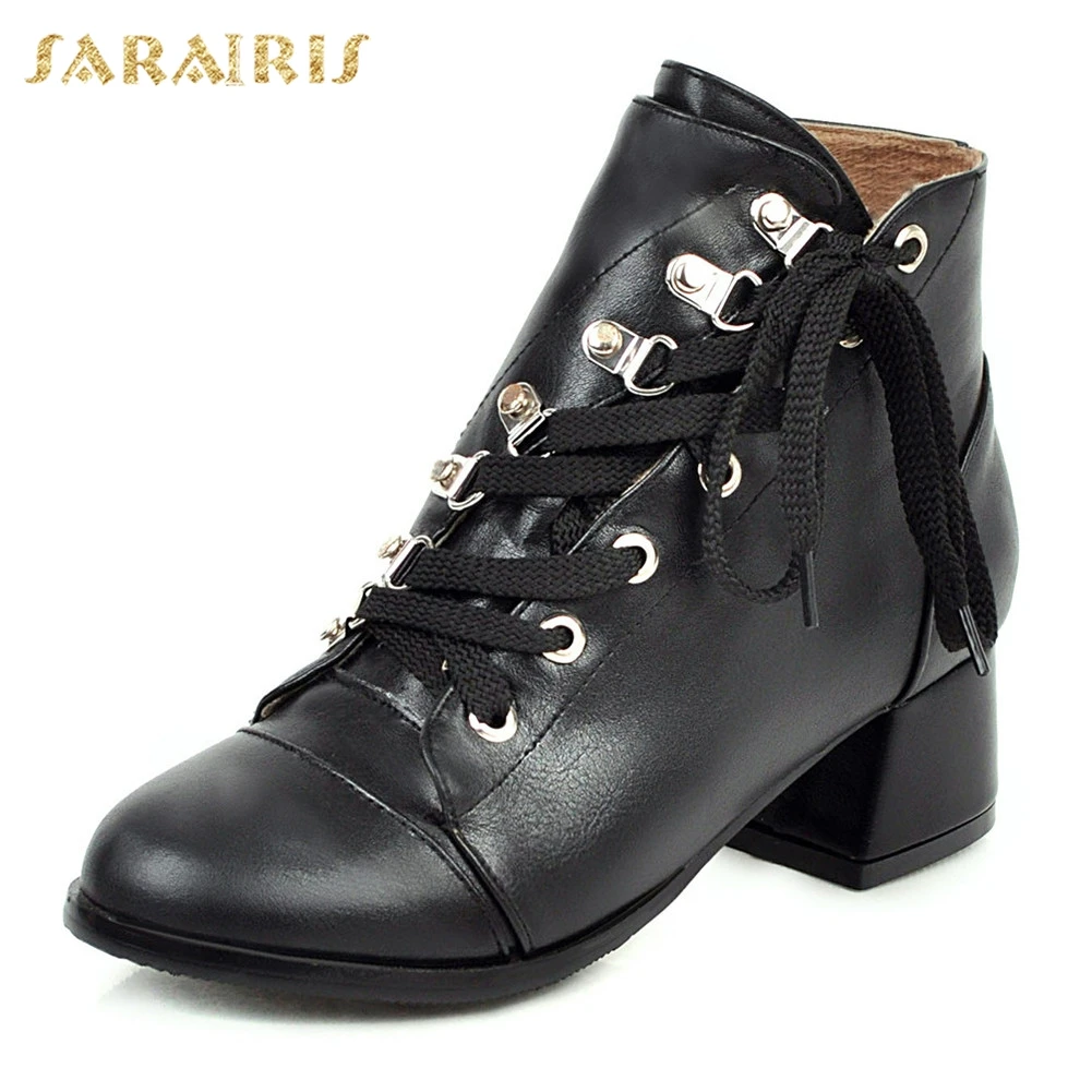 

Sarairis 2020 Large Size 34-44 Spring Autumn Shoes Woman Boots Lace Up Chunky Heels Black White Casual Ankle Boots Woman Shoes