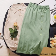 Однотонные бежевые, черные, зеленые, Серые вязаные юбки с разрезом,, Femme, пуговицы, тянущаяся Талия, Вязанная, модная, ампир, прямая юбка, повседневная одежда