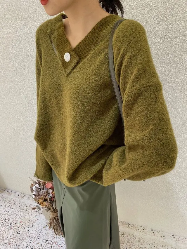 Green/Apricot/Gray Winter Newest Mohair Knitted V Neck Jumper Top- Newest Knitted Sweater Pullover Top - Цвет: Зеленый