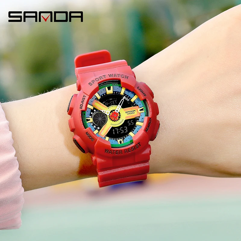SANDA Women Dual Display Watch Fashionable Multifunctional Luminous HD LED Digital Scale 30M Waterproof Womens Sports Watches