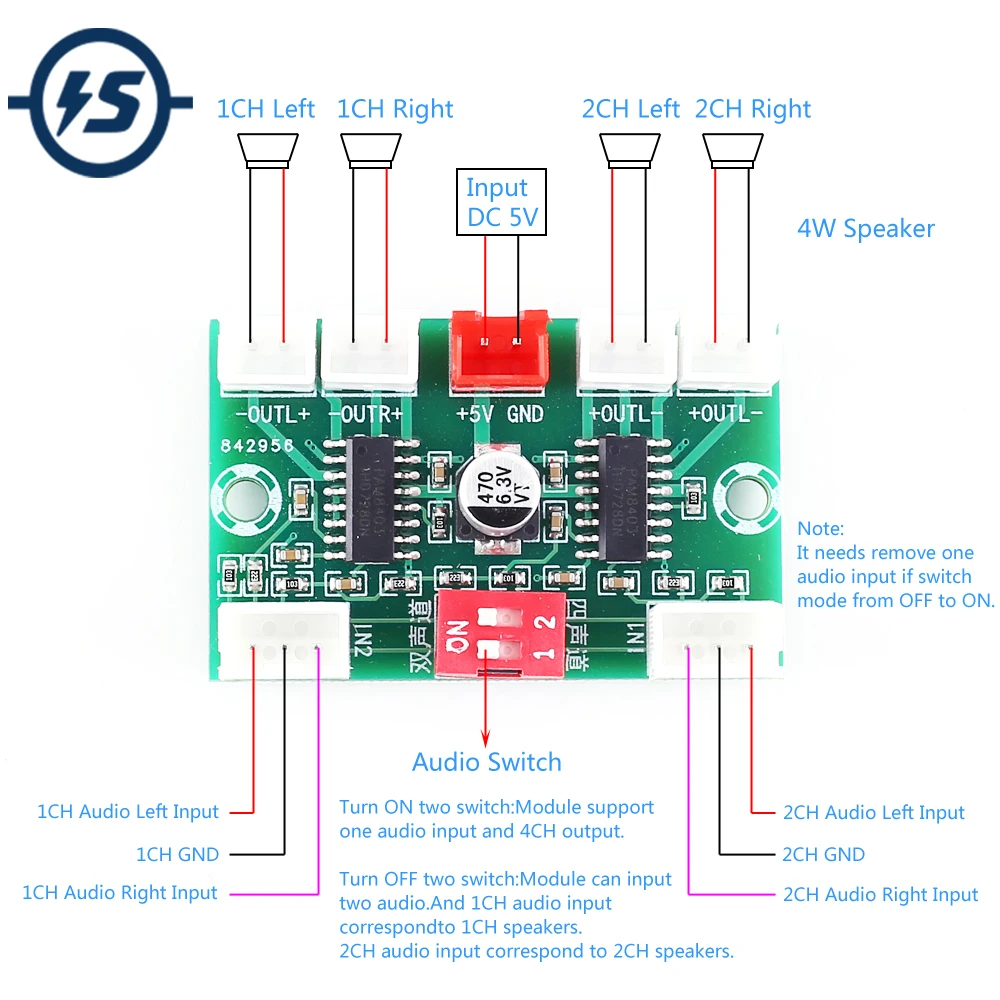 

Digital Power Amplifier Board 4-Channel Audio Output 3W*4 5V USB Power Supply DIY Mini Power Amplifier PAM8403