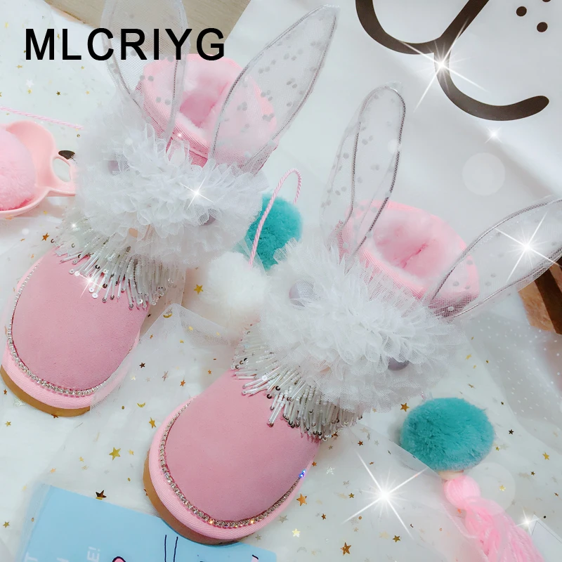 

Winter Kids Snow Boots Children Genuine Leather Boots Baby Girls Warm Ankle Boots Toddler Pearl Brand Boots Pink Bow Shoes New