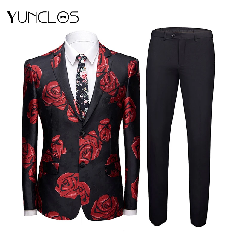 

YUNCLOS Red Roses Print Men Suits Wedding Slim Dinner Party Jackets & Pants Honorable Tuxedo Party 2 Pieces Suits Men S-3XL