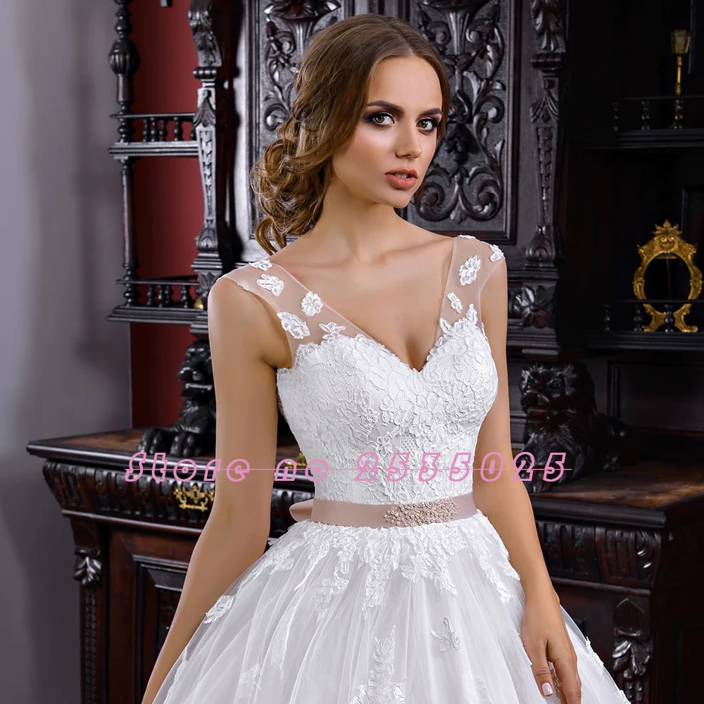 Новое поступление белые свадебные платья а-силуэта с розовым поясом Robe De Mariee кружевное Тюлевое свадебное платье с v-образным вырезом на шнуровке