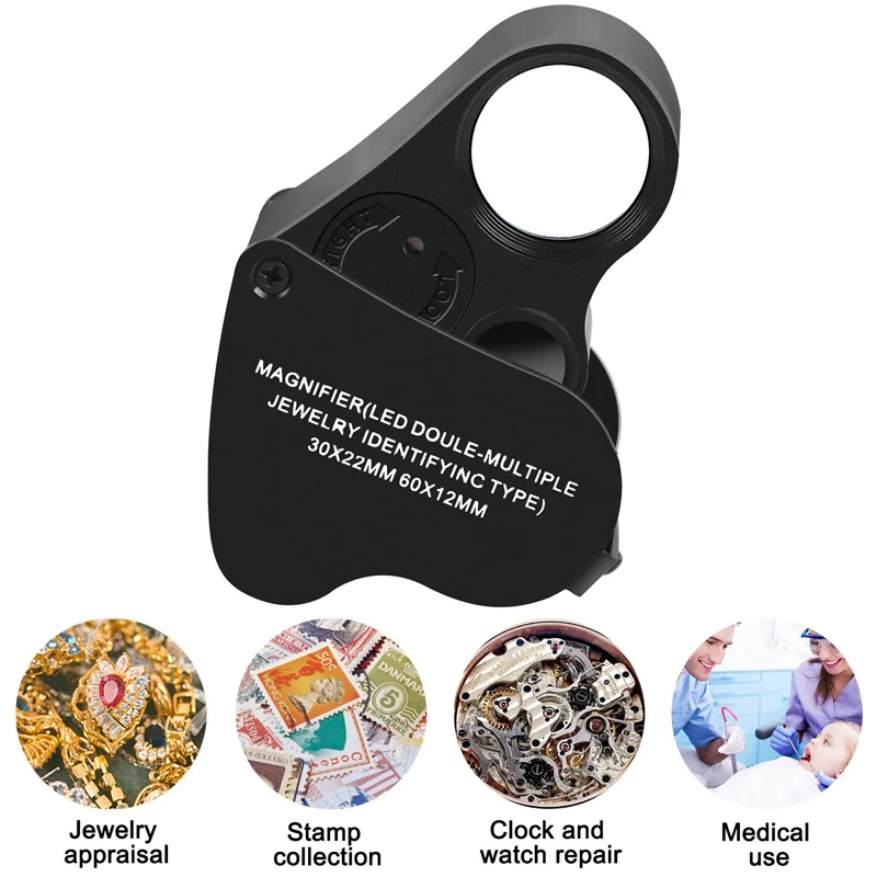 30X 60X светодиодный ювелирный Лупа с подсветкой, Складная лупа для ...