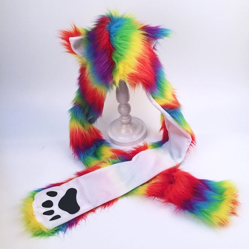 Women rainbow stripes furry animal hoodie hat 3 in 1 multifunctional winter hat,fashion hat,fur hat,earflap hat,faux fur hat