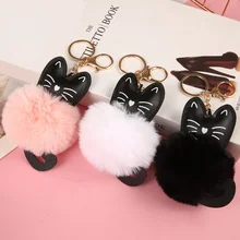 New Cute Black Cat Pendant Faux Fur Hairball Soft Key Chain Bag Accessories Handbag Ornament Purse Phone Charm Backpack Keychain