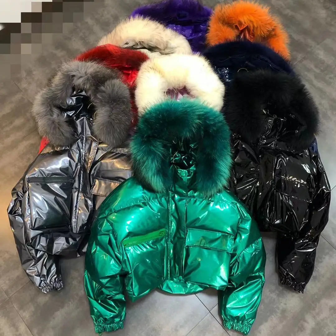 

Parka Women Winter Real Raccoon Fur Hood Zipper Long-sleeved Bright-faced Trend Cotton Coat Warm Short Hooded Parkas Jackets