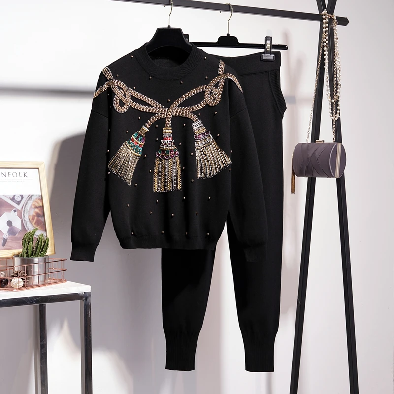 

Fashion Black Tracksuit Knitting Outfits Women 2pc Handwork Beading Sweater Pencil Pants Set Loose Knit Suit Female Streetwear