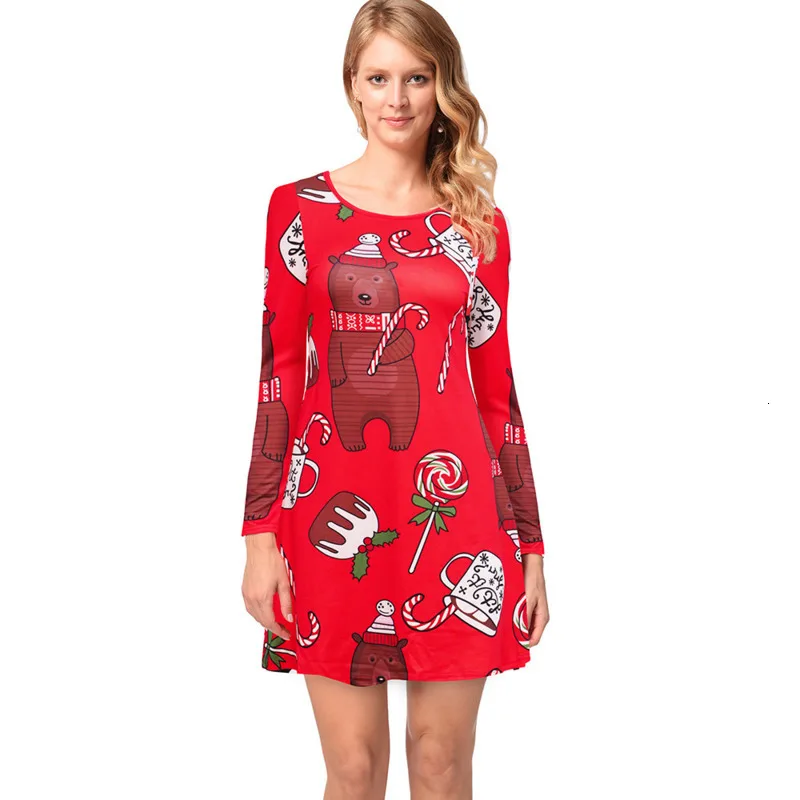 

2019 Christmas Dress Women Long Sleeve Cartoon Printing Santa Claus Christmas Tree Penguins Vintage Sexy Party Dresses