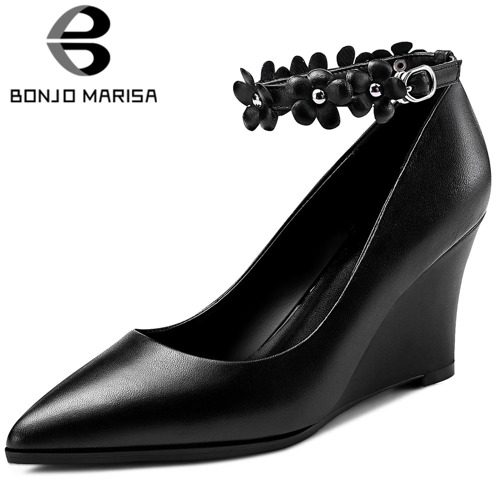 

BONJOMARISA Ladies Spring Elegant OL Pointed Toe Pumps Quality Genuine Leather Pumps Women 2020 High Wedges Shoes Woman