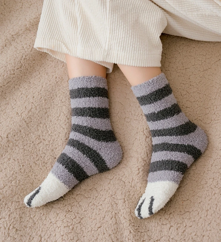 Модные зимние плотные теплые женские носки с милыми кошачьими лапами; милые домашние носки для сна; 6 цветов; harajuku kawaii