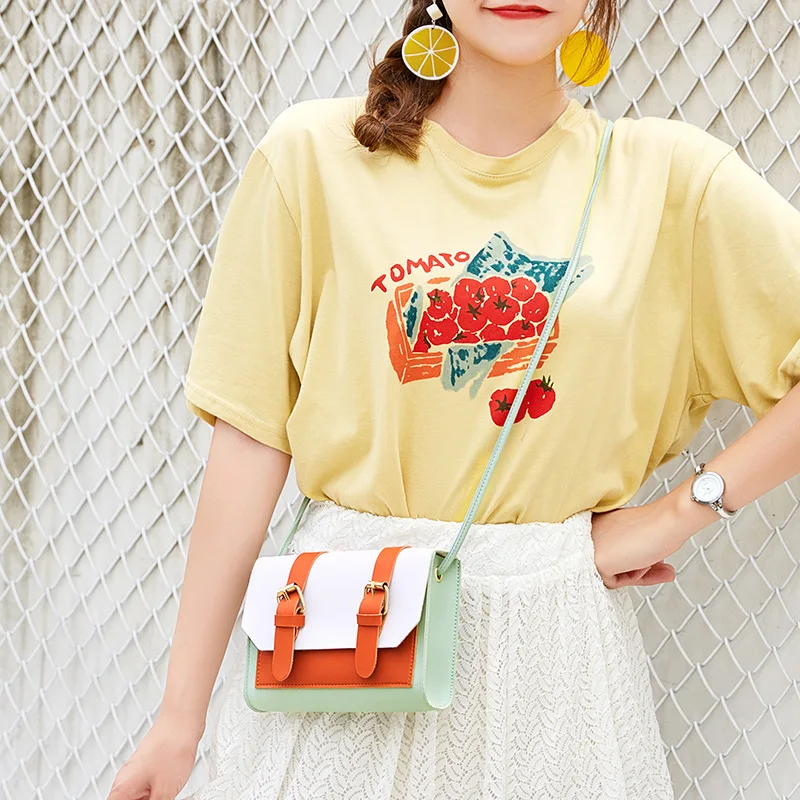 

2019 Summer And Autumn New Style Korean-style Women's Contrast Color Double-Pin Buckle Square Sling Bag Shoulder Oblique Bag Mob