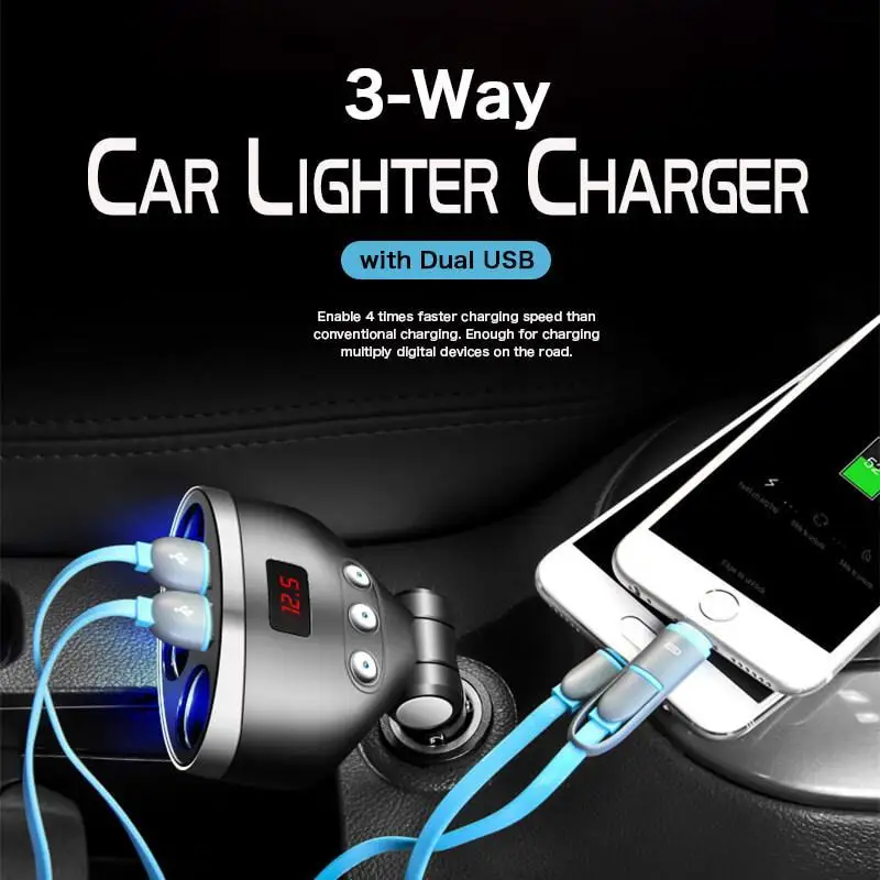 3 х полосная автомобильная Зажигалка зарядное устройство с двойным USB для быстрой