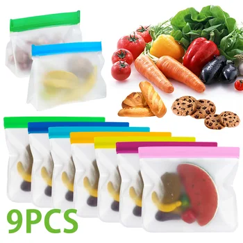 

9pcs Reusable Silicone Food Storage Airtight Seal Bags PEVA Zip Lock Kitchen Vegetables Foods Container Home Organization