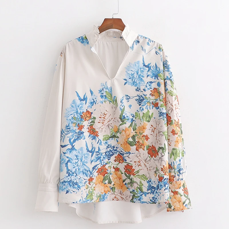 

Fandy Lokar Floral Printed Blouses Women Fashion V Neck Shirts Women Elegant Long Sleeve Tops Female Ladies GX