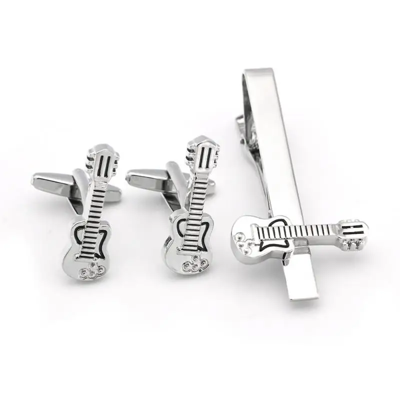 

Men's Wedding Jewelry French Shirt Cufflinks Fashion Silver Bass Guitar Cufflinks Tie Clip Set Wholesale