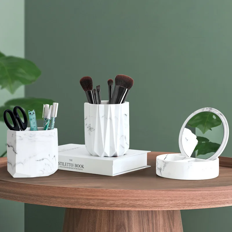 

Creative Environmental Protection Office Learn Supplies Hexagon Resin Marble Texture Pen Holder Cosmetic Storage Box