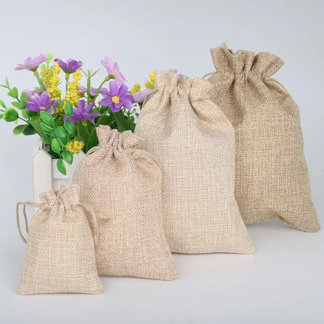 Bolsas de regalo de algodón y lino para embalaje de joyas, bolsita reutilizable con cordón, estampado de bolsita para cosméticos y dulces de boda, 5 unids/lote - Imagen 2