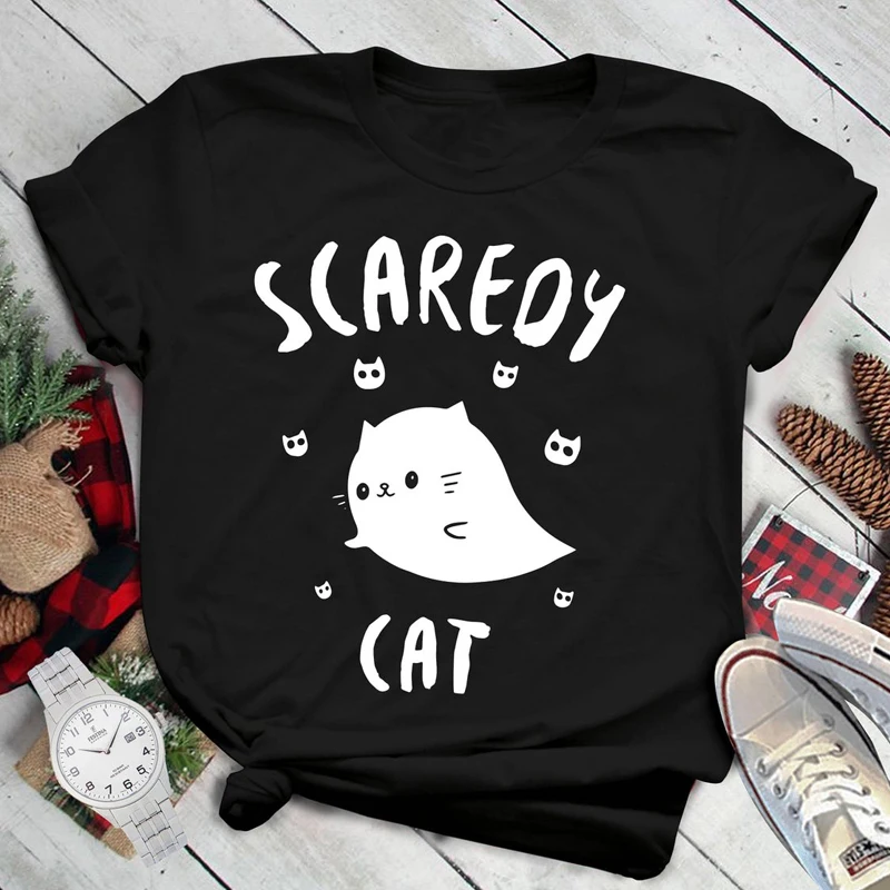 

Scaredy, забавная футболка с котом-призраком, топ, футболка, Милая женская футболка на Хэллоуин, праздничный подарок