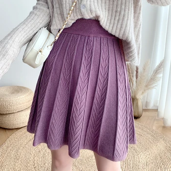 

Solid purple knitted mini skirt autumn winter A-line fashion causal skirt women chic cozy warm skirt elegant office skirt female
