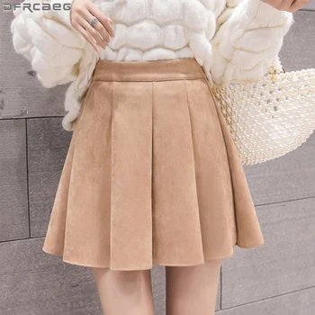 

Kawaii Mini Pleated Skirts Women Autumn Winter Velvet Suede Skirt High Waist A-line Skater Skirt School Brown Pink Black Saias