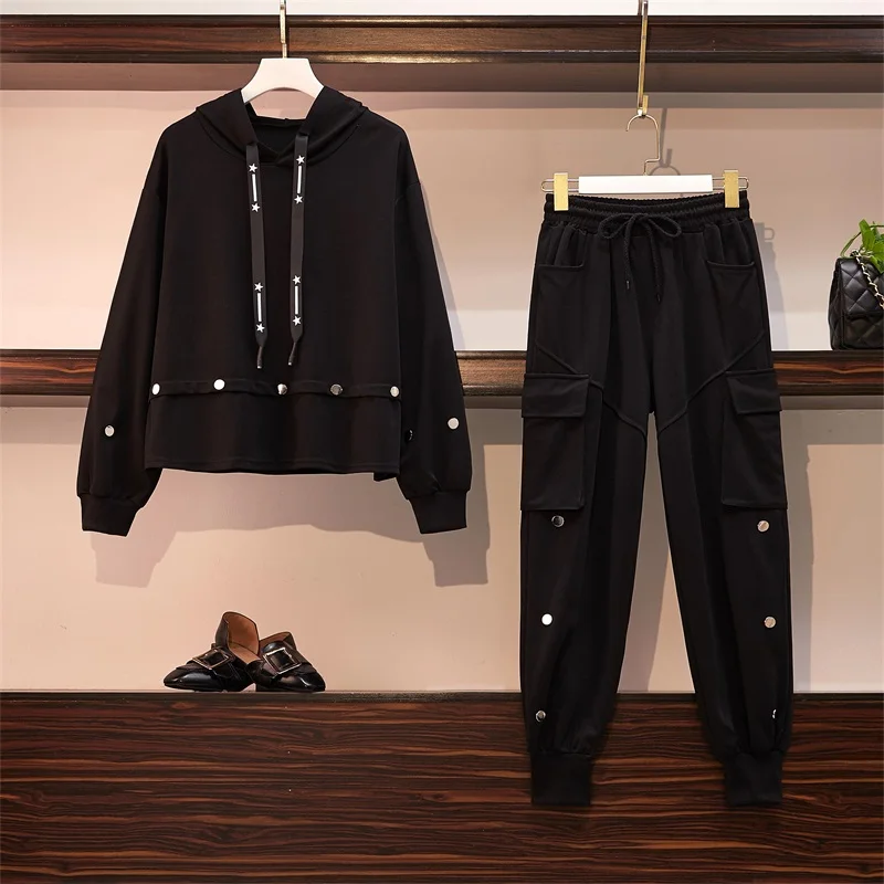 

Large size women's 2019 new fat hooded slim autumn and winter two-piece set of age-reducing pants pants suit sportswear