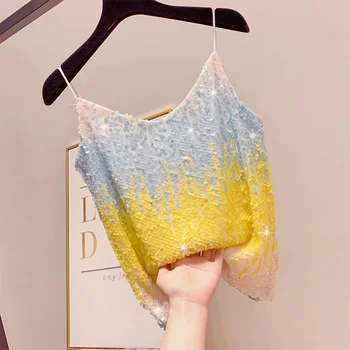 

2019 New Summer Sweet Panelled Sequines Camis Women Fashion Slim Gradient Sequined Tanks Elegant Sexy Sleeveless Club Tops Mw712