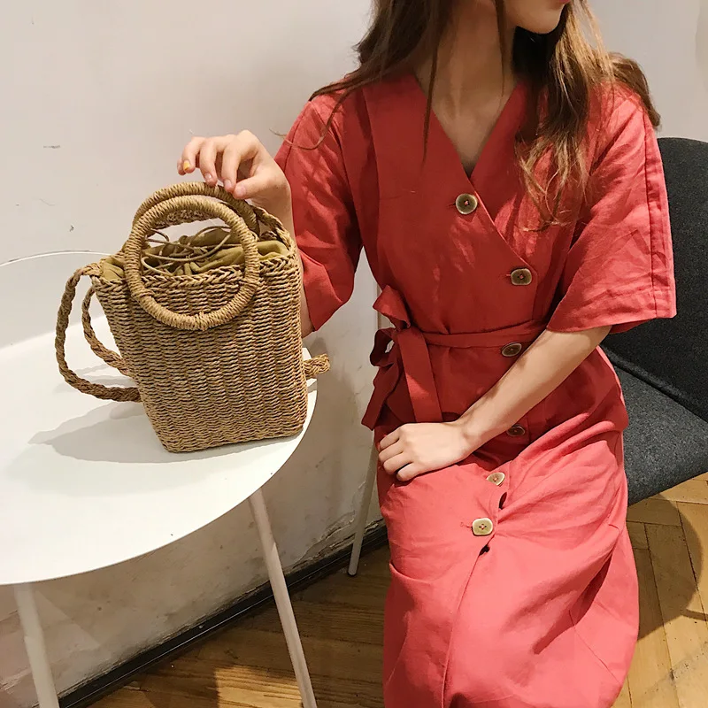 

Summer 2019 new woven bag girl retro simple ring handbag shoulder Messenger bag beach straw bag