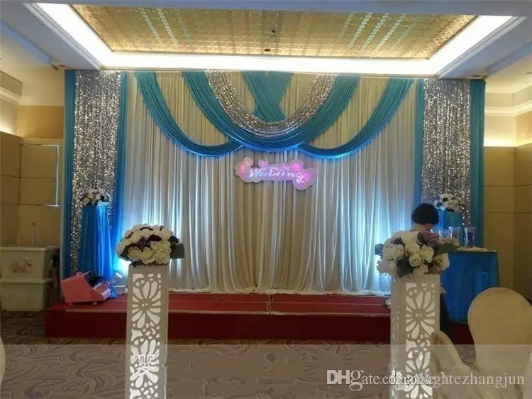 20ft*10ft Luxury ice silk Wedding Backdrop Stage Curtains with swags Silver Sequin Fabric Wedding Props Satin Drape curtain party decoration