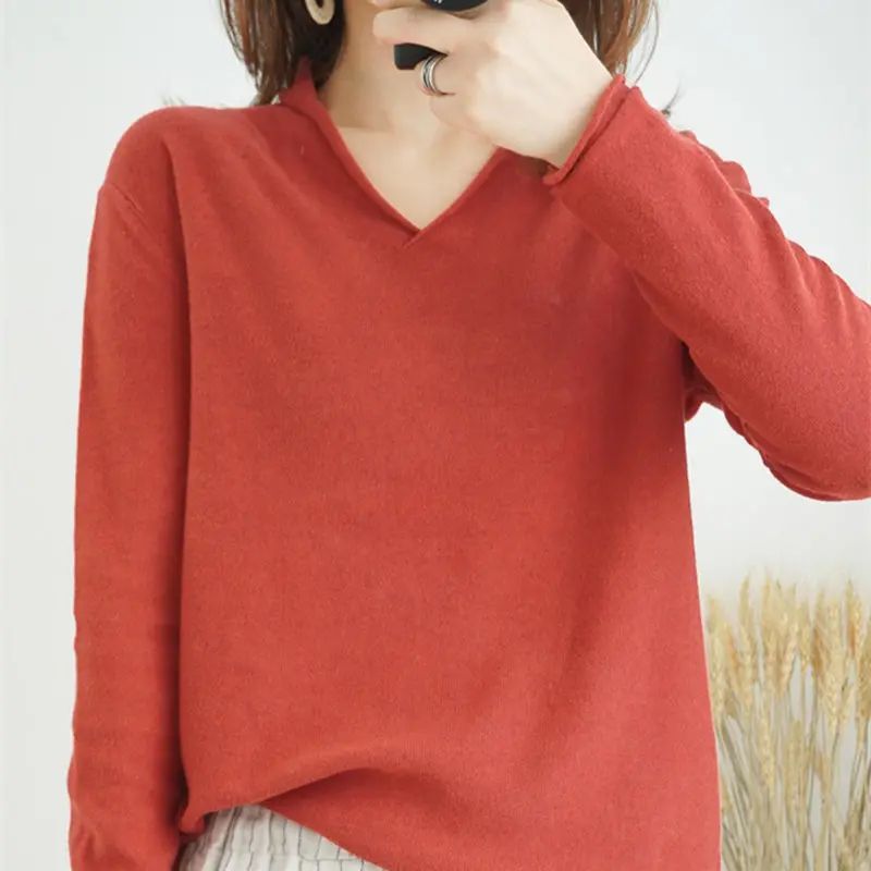 Smpevrg 19 100% cotton knitted sweater female pullovers V-neck long-sleeve women pullover female loose fashion jumper pull femme