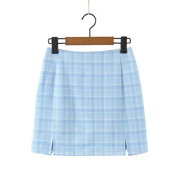 

2020 Za New Casual Fashion Lady Female Women Women's clothes Light blue checked skirt in blended material with zip