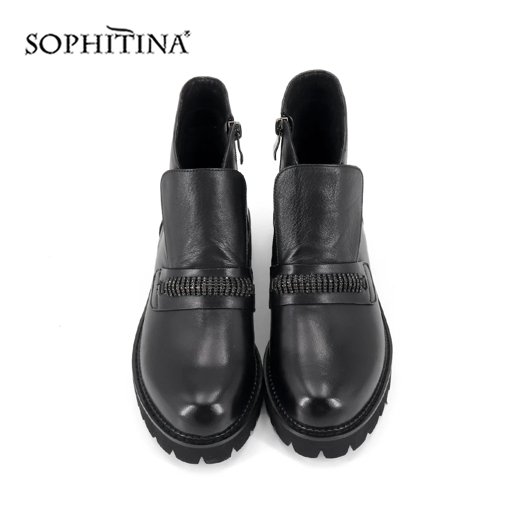 SOPHITINA/однотонные ботинки с круглым носком; модная дизайнерская женская обувь из коровьей кожи высокого качества; ботильоны на квадратном каблуке; SC411