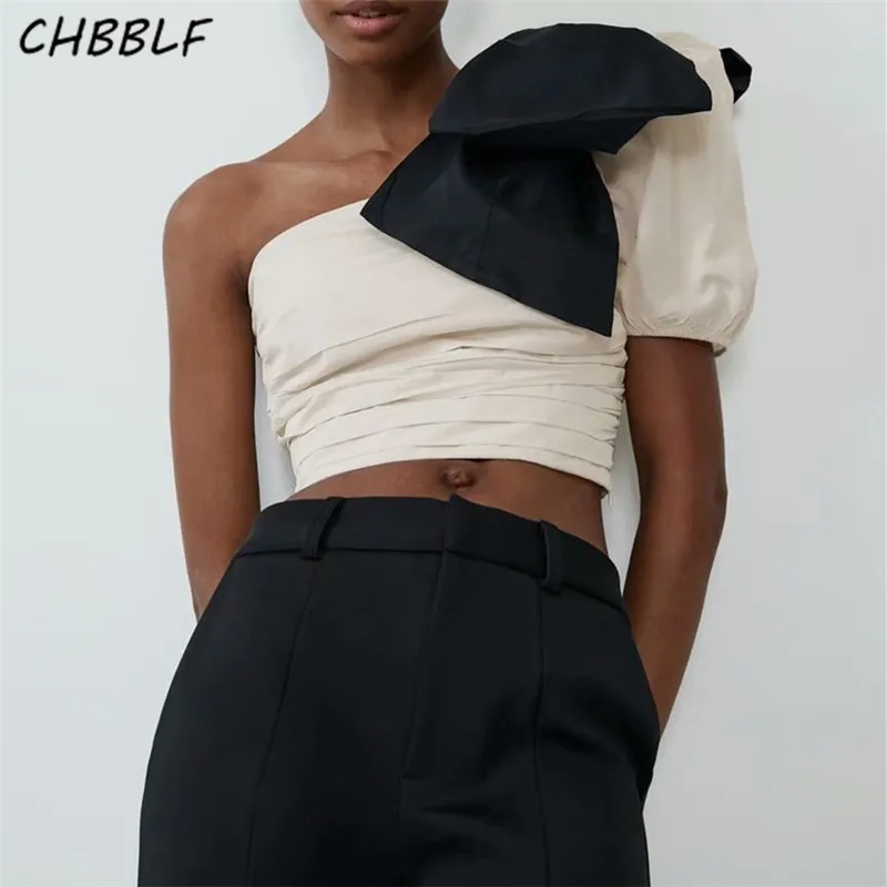 

CHBBLF women sexy bow tie crop top asymmetrical collar one shoulder pleated stretchy short blouse party club chic tops CDC9321