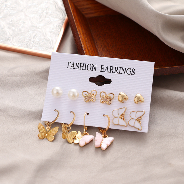 Butterfly Hoop Earring Set Women's Vintage Bohemian Acrylic Pearl Circle Alloy Drop Earrings Brincos Jewelry Gift