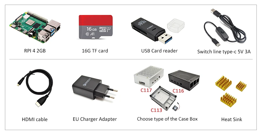 Raspberry Pi 4 B 2GB комплект 3 вида корпуса + адаптер питания ЕС + линия переключения + 16 Гб/32 ГБ TF карта + USB кардридер + кабель HDMI