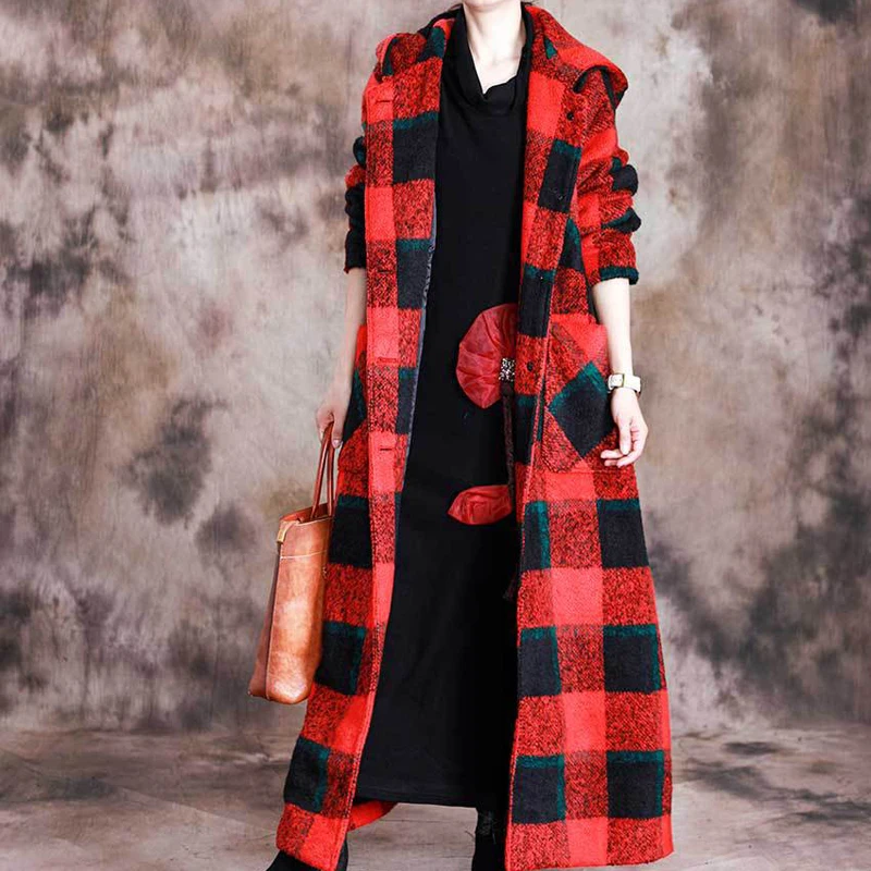 

2020 Winter New Product Hooded Western Style Fashion Woolen Coat Atmospheric Grid Age-Reducing Temperament Long