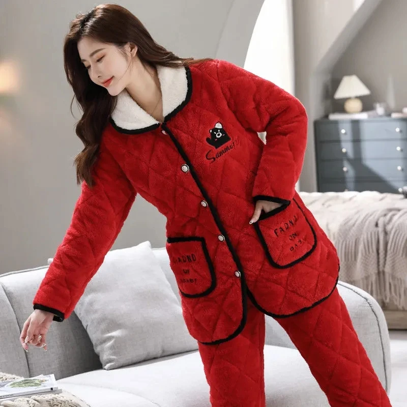 Pajamas Women Winter Sets Three-Layer Thick And Velvet mid-Long Quilted 2PCS Women's Cotton-Padded Jacket Home Service Suit 996