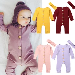 Barboteuse tricotée à manches longues pour nouveau né, combinaison pour fille et garçon, couleur unie, bandeau, tenue d'automne, 2 pièces 