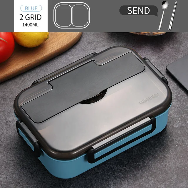 1400ml 2 Grid Blue Ланч-бокс пищевой контейнер для микроволновой печи с подогревом Ланч-бокс для детей 304 Нержавеющая бенто Ланч-бокс пищевой контейнер кухонный аксессуары - Цвет: 1400ml 2 Grid Blue