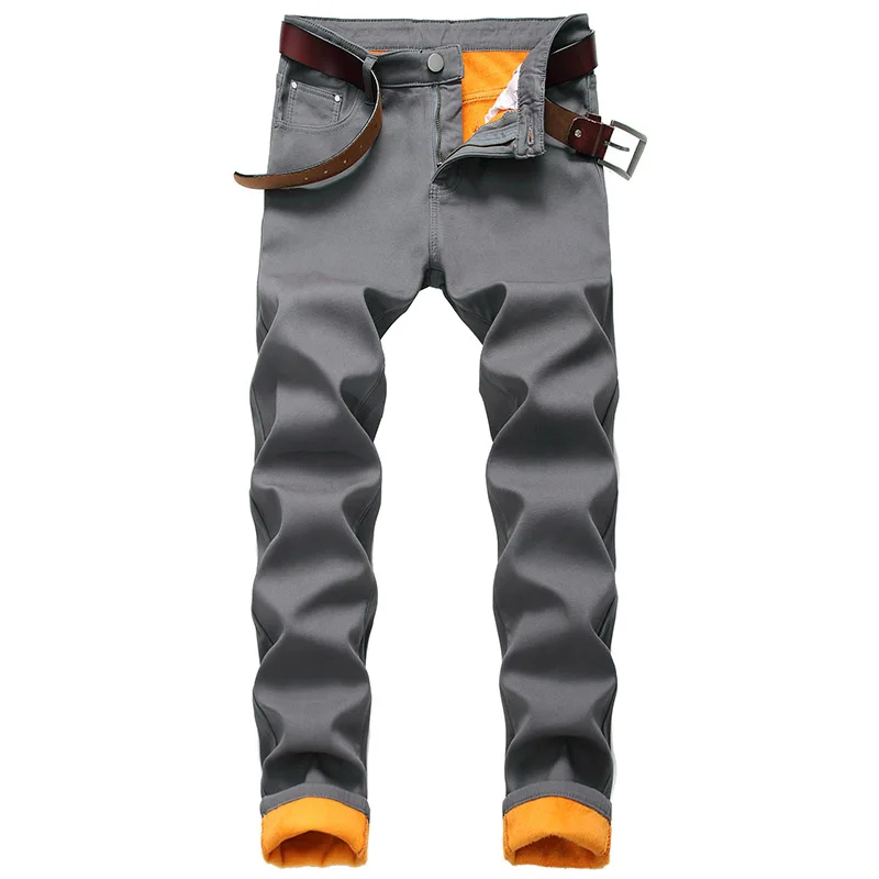 Men's Solid Color Casual Denim Trousers Slim Fit Fleece Lined Warm Jeans Pants For Male Size 30-42 (5)