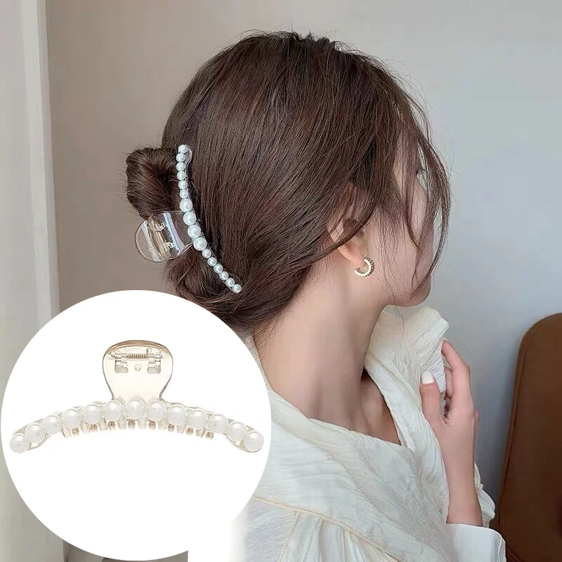 Chic Pearls Hair Claws for Women Girls Elegant White Rose Barrette Hair Clips Temperament Hairpins Crab Headwear Jewelry 1Pcs hair band for women