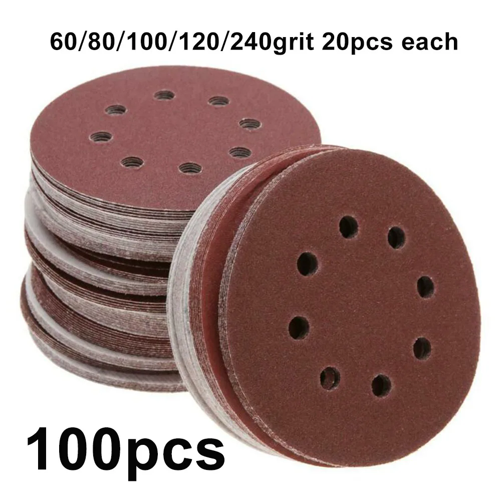 100pcs Round Sandpaper 5 Inch 125mm Hook And Loop 8 Hole Disk Buffing