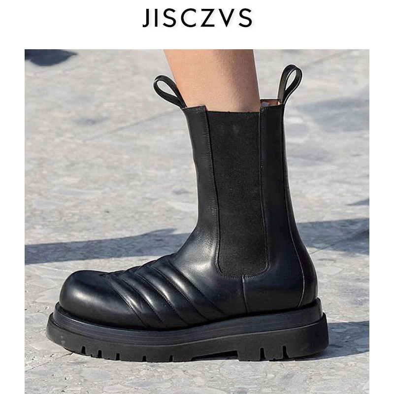 

2020 Chunky Heel Platform Boots Women Ankle boots Women Round toe Wave Pattern Flat Chelsea boots Elastic Band Runway Shoes