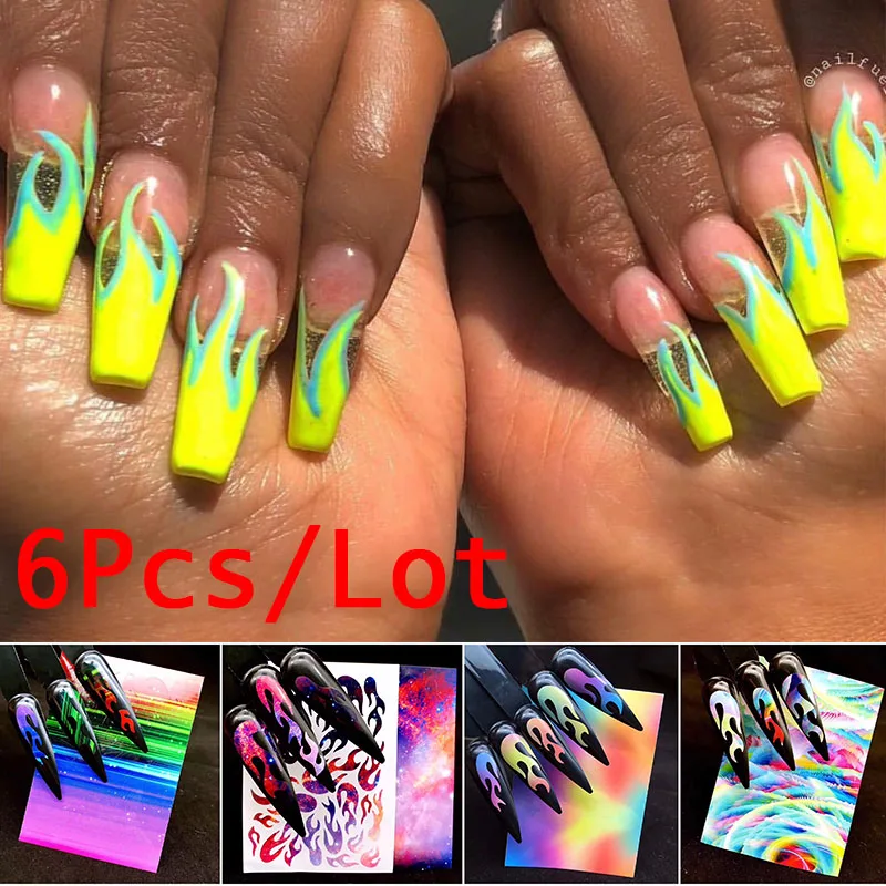 

Maphie 6Pcs 3D Holographic Fire Flame Nail Stickers Flames Nail Art Transfer Stickers Decorations Set