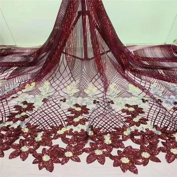 

High quality African net lace fabric with advanced Sequins wine Color guipure lace fabric.2017 New Nigeria tulle lace fabric