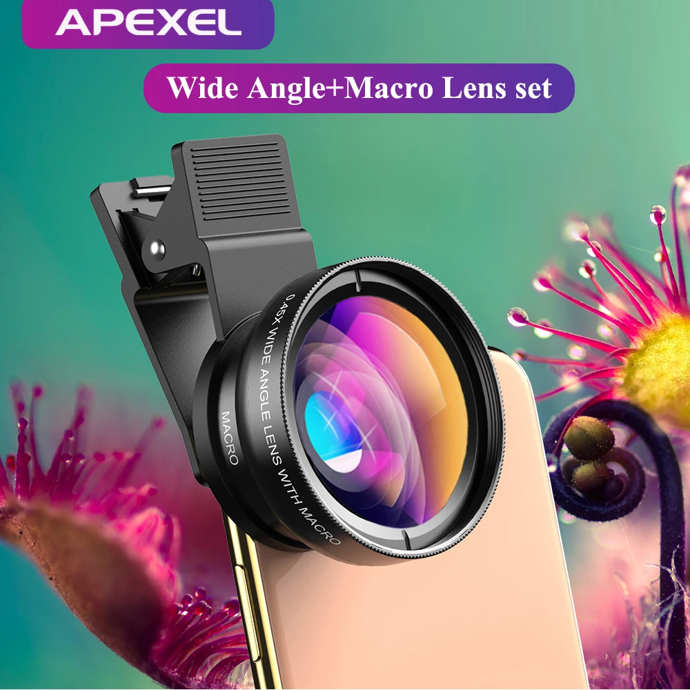 smartphone lens kit APEXEL New HD 37MM 0.45x Super Wide Angle Lens with 12.5x Super Macro Lens for iPhone Samsung Smartphones Camera Phone lens Kit 100x zoom lens for mobile